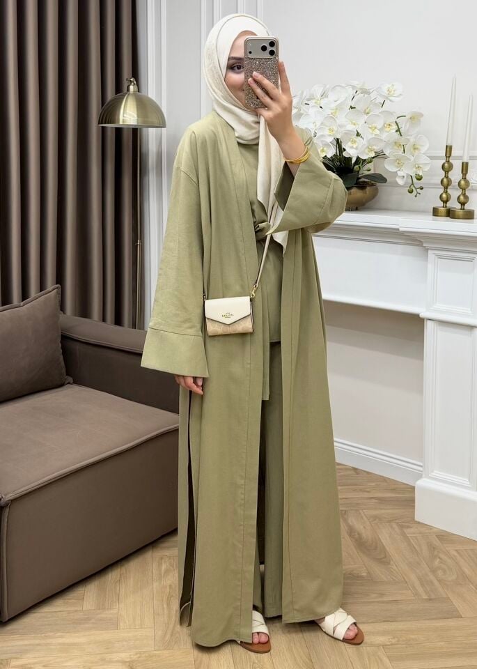 Karan Keten Üçlü Abaya Takım Çağla