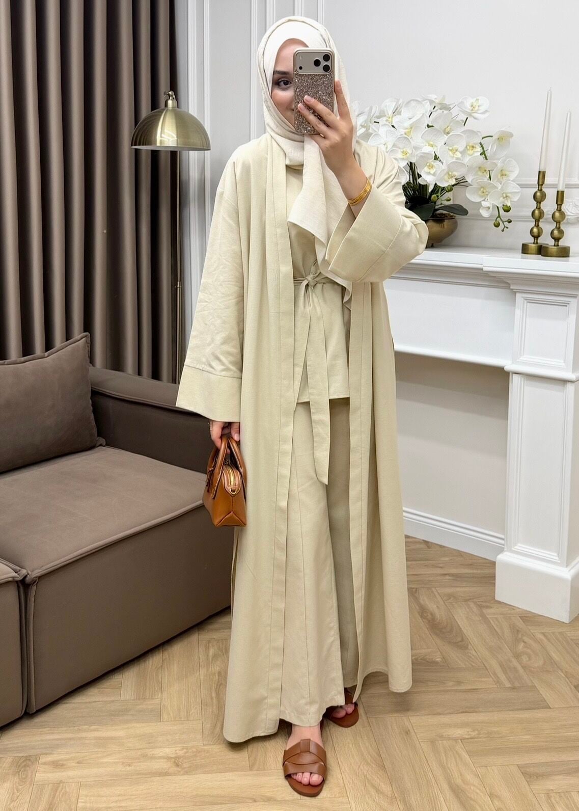 Karan Keten Üçlü Abaya Takım Naturel