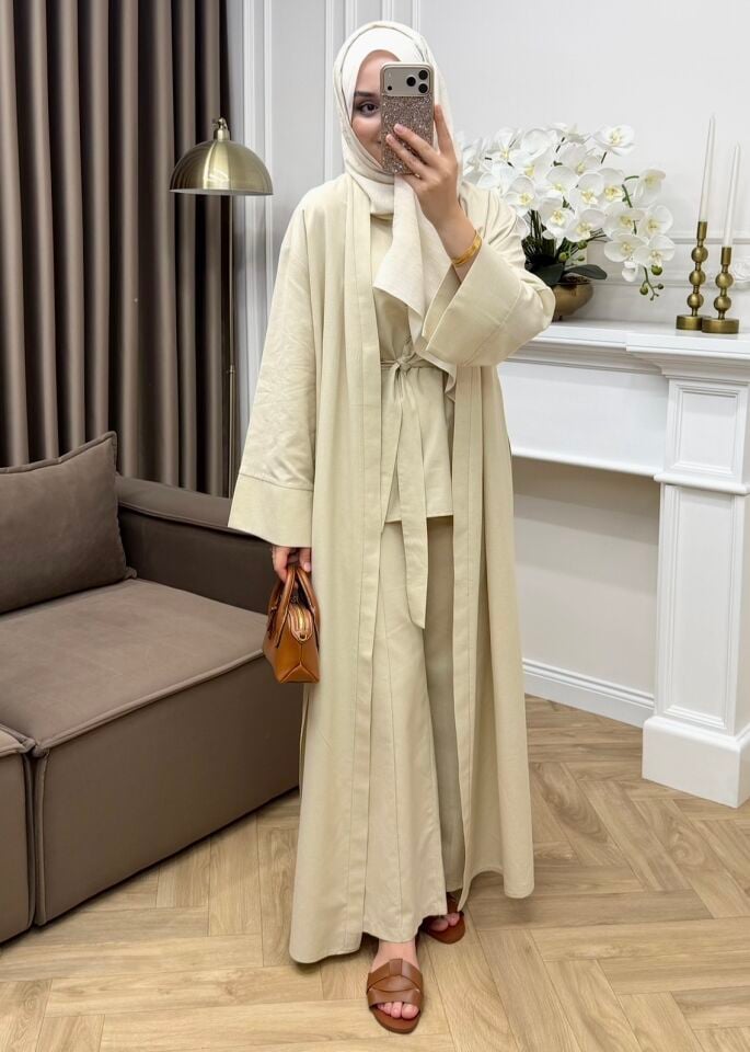 Karan Keten Üçlü Abaya Takım Naturel