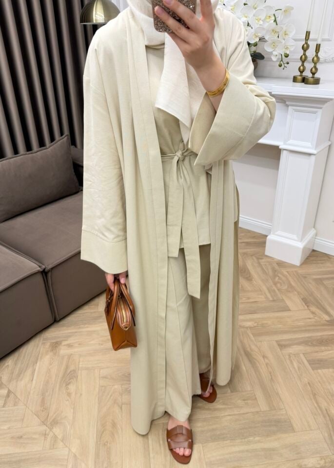Karan Keten Üçlü Abaya Takım Naturel