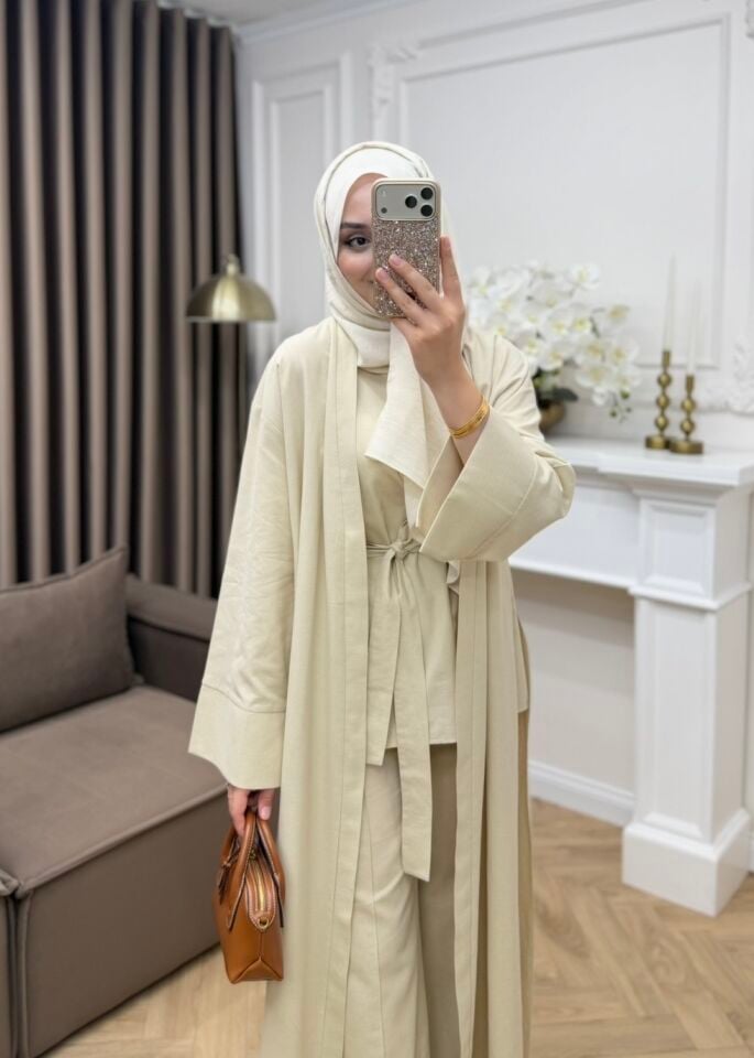 Karan Keten Üçlü Abaya Takım Naturel