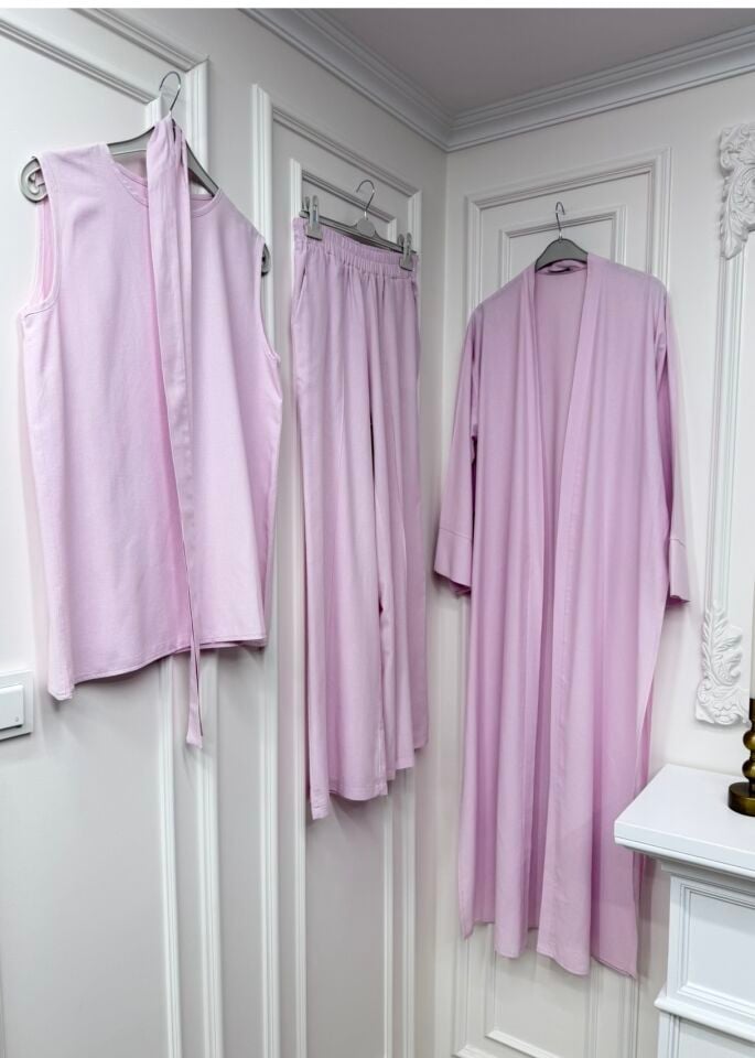 Karan Keten Üçlü Abaya Takım Naturel