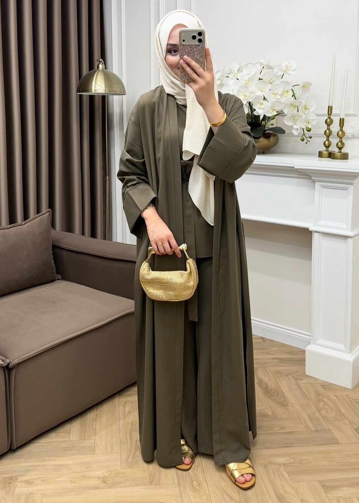 Karan Keten Üçlü Abaya Takım Zeytin Yeşili