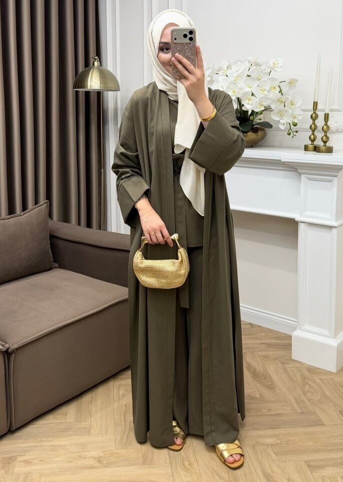 Karan Keten Üçlü Abaya Takım Zeytin Yeşili