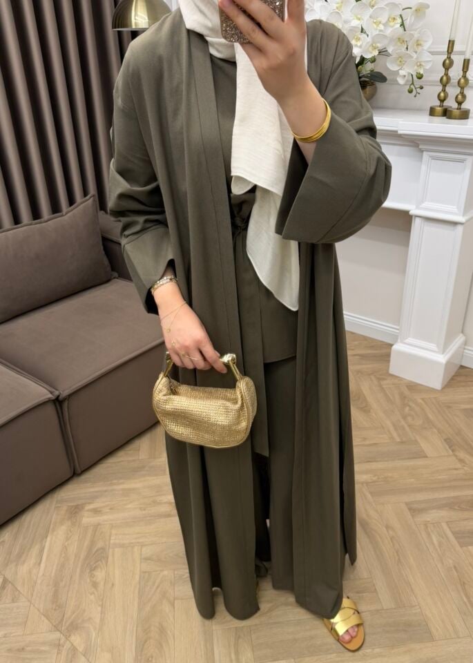 Karan Keten Üçlü Abaya Takım Zeytin Yeşili