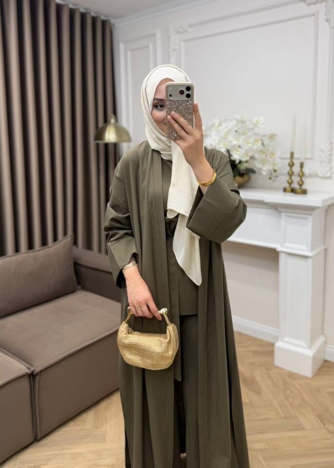 Karan Keten Üçlü Abaya Takım Zeytin Yeşili