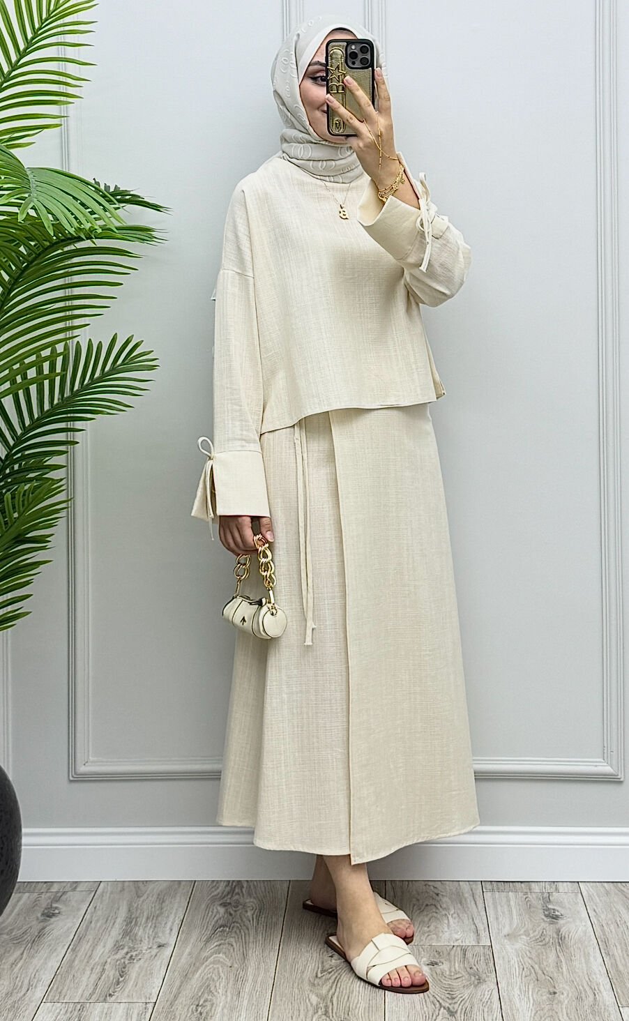 Anvelop Keten Etekli Takım Bej