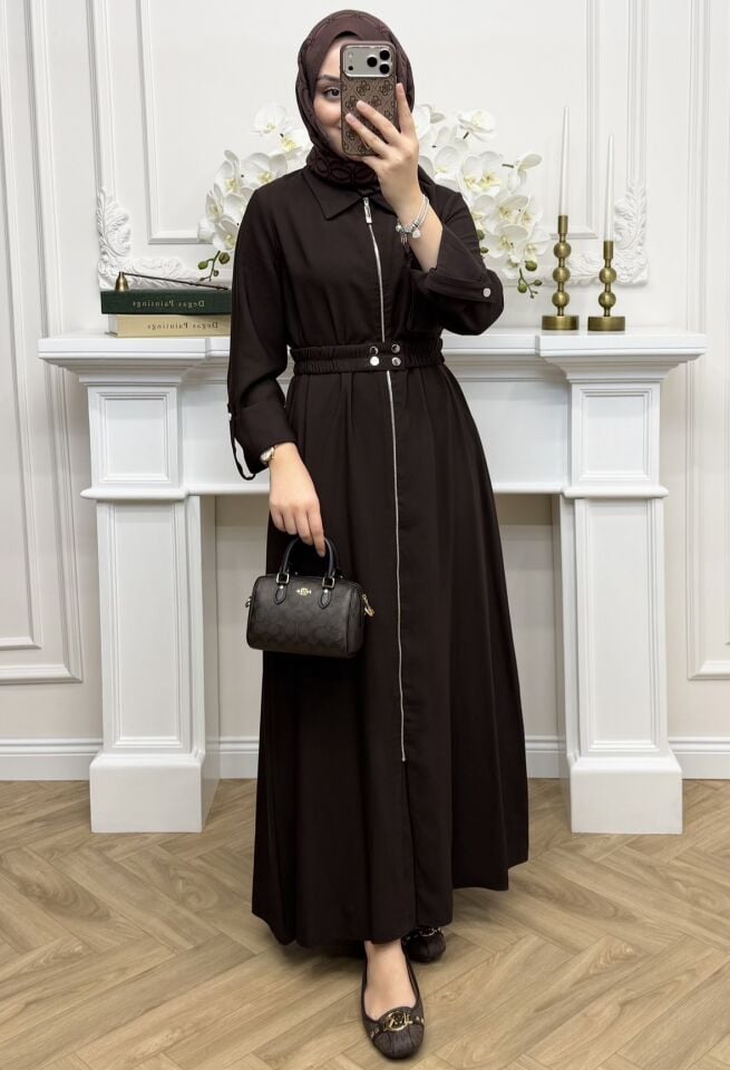 Hesa Fermuarlı Elbise Kahverengi